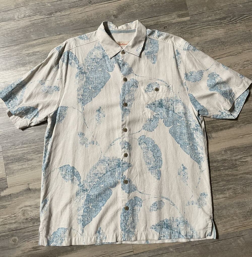 Vintage Tommy Bahama 100% Silk Cream Color Palm Leaves Hawaiian Shirt SZ Large